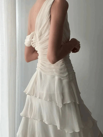 Elegant Ivory V-neck Layered Waist Pleated Irregular Chiffon Ruffle Birthday Party Homecoming Dress cc4697