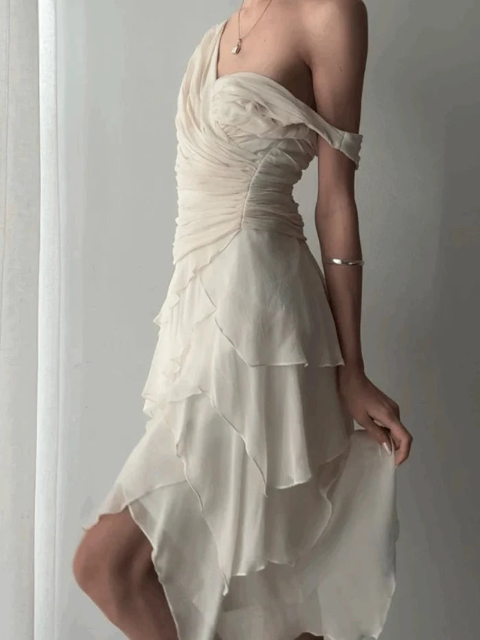 Elegant Ivory V-neck Layered Waist Pleated Irregular Chiffon Ruffle Birthday Party Homecoming Dress cc4697