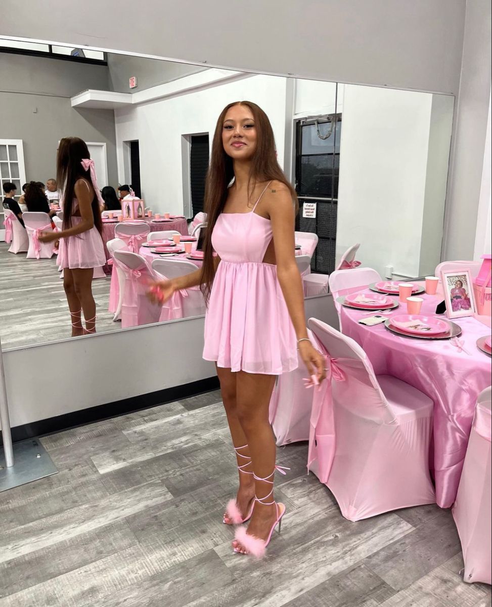 Cute Pink Halter Square Neck Open Back Mini Chiffon 16th Birthday Homecoming Dress cc4699