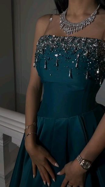 Elegant Teal A-line Spaghetti Strap Slit Satin Long Prom Dress Evening Dress cc4707