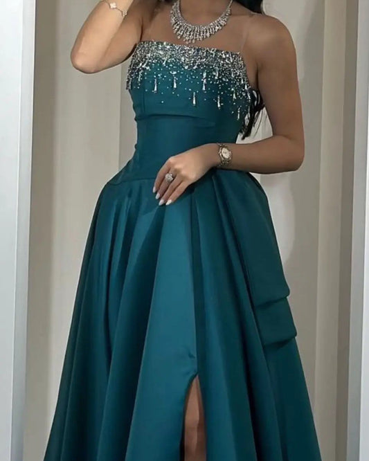 Elegant Teal A-line Spaghetti Strap Slit Satin Long Prom Dress Evening Dress cc4707