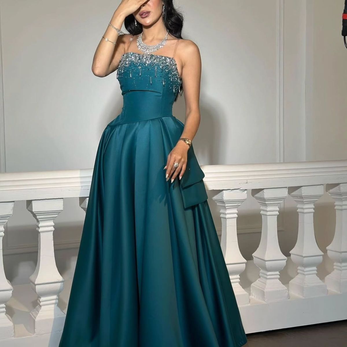 Elegant Teal A-line Spaghetti Strap Slit Satin Long Prom Dress Evening Dress cc4707