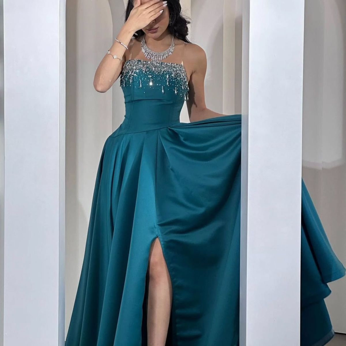 Elegant Teal A-line Spaghetti Strap Slit Satin Long Prom Dress Evening Dress cc4707