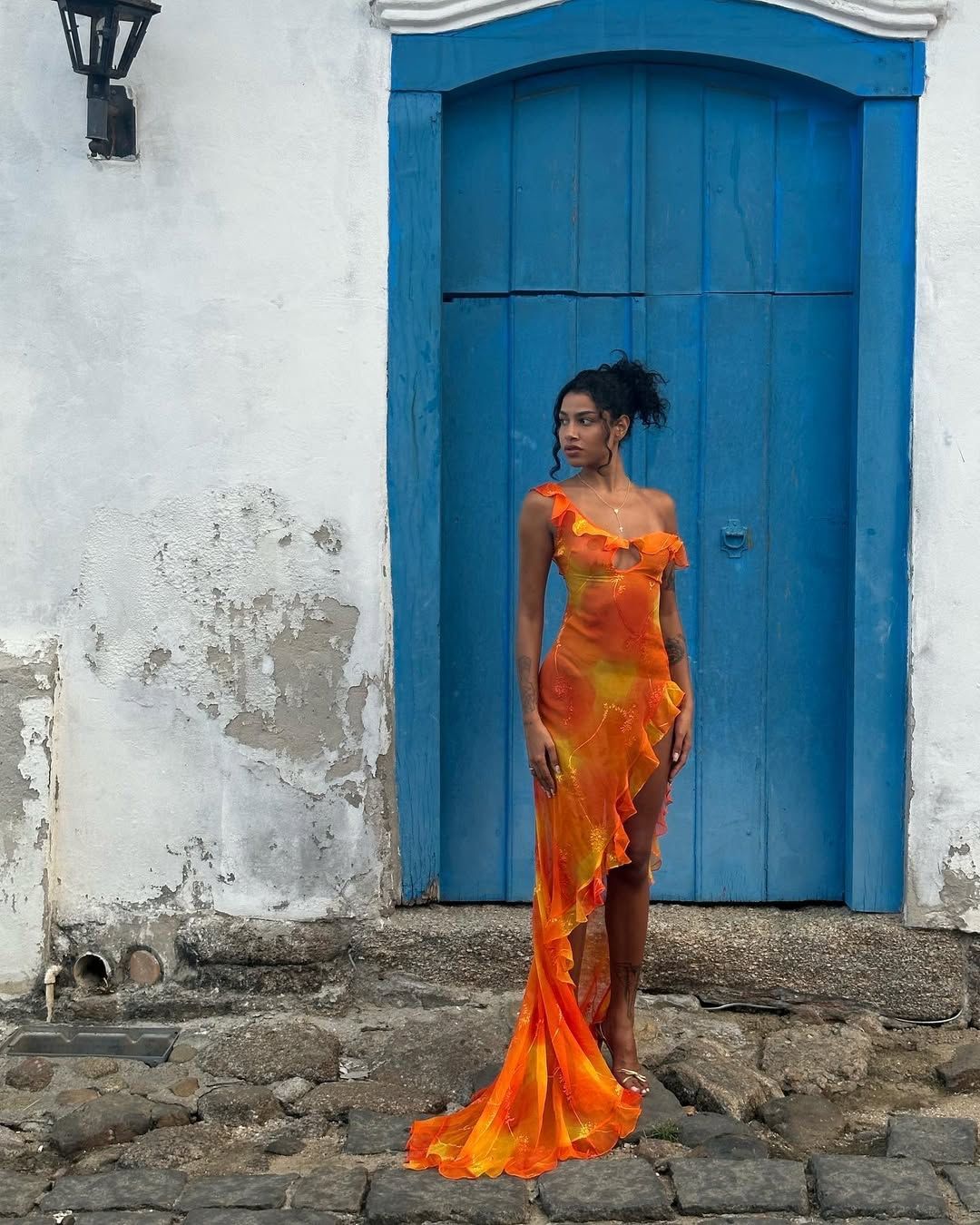 Sexy Orange Irregular Ruffled High Slit Chiffon Prom Dress cc4770