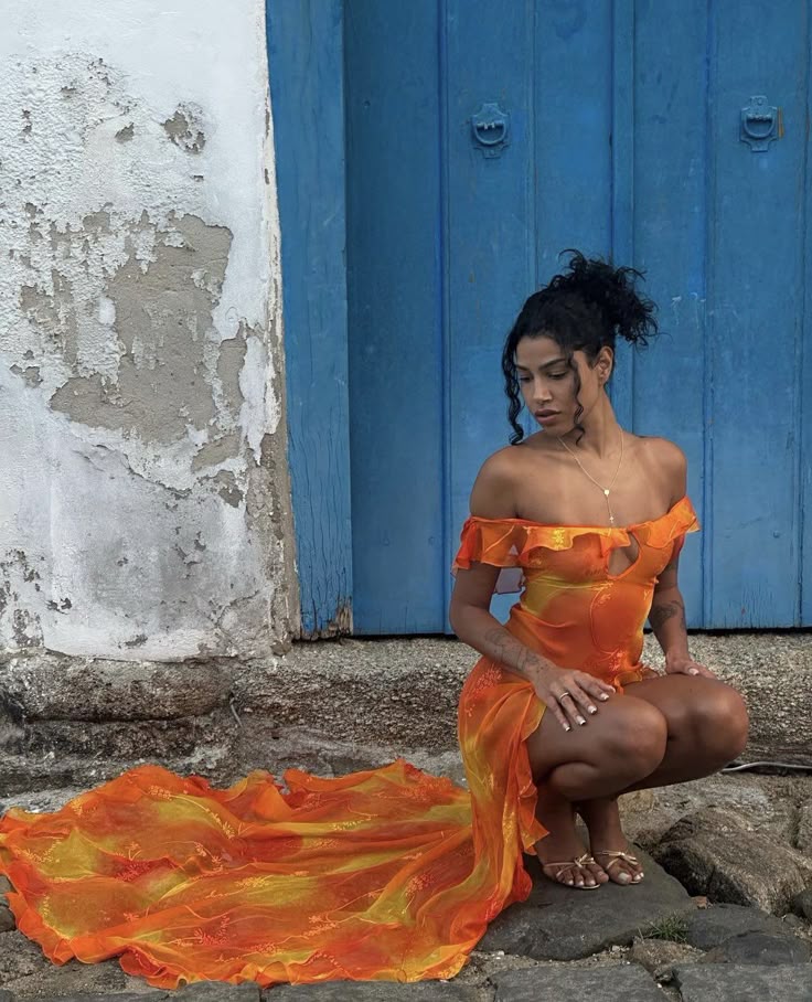 Sexy Orange Irregular Ruffled High Slit Chiffon Prom Dress cc4770