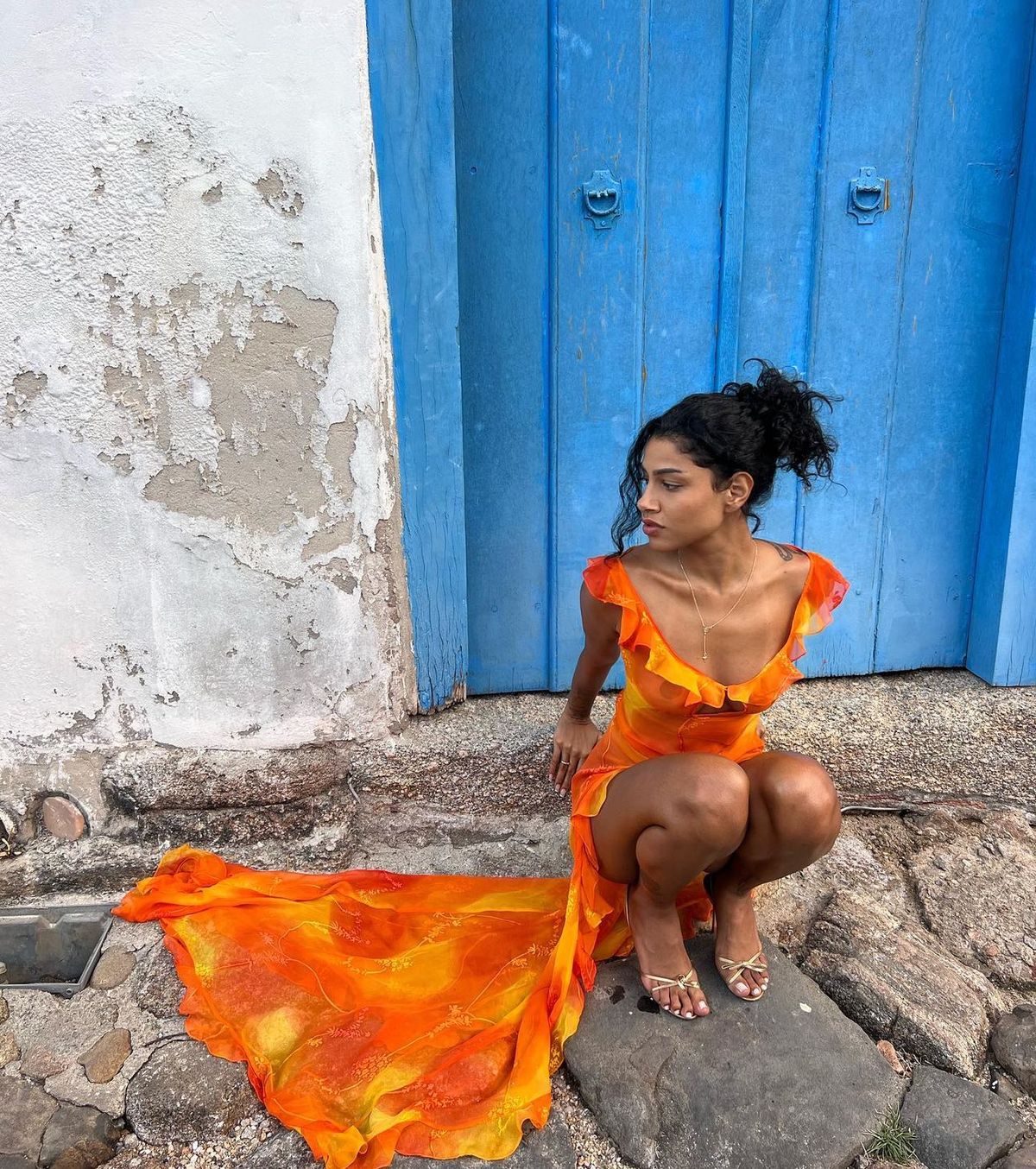 Sexy Orange Irregular Ruffled High Slit Chiffon Prom Dress cc4770