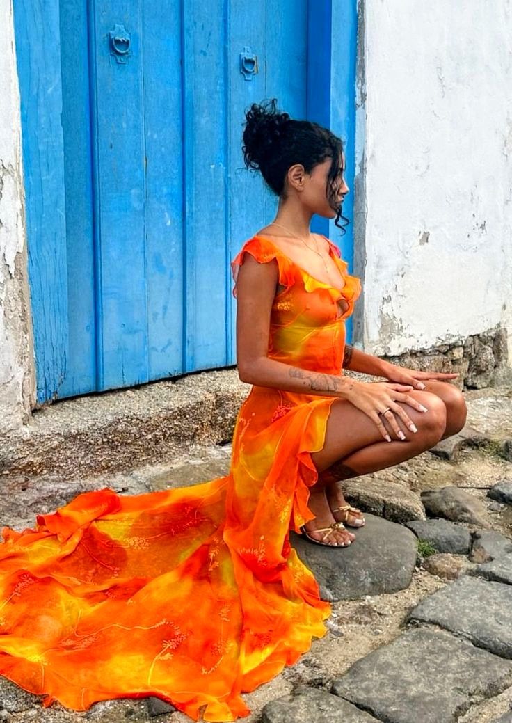 Sexy Orange Irregular Ruffled High Slit Chiffon Prom Dress cc4770