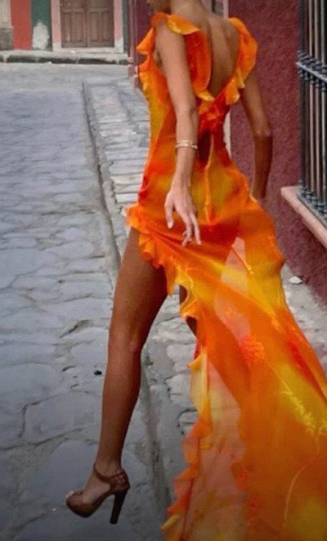 Sexy Orange Irregular Ruffled High Slit Chiffon Prom Dress cc4770