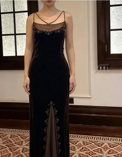 Vintage Black Spaghetti Strap Slit Beaded Velvet Long Prom Dress Evening Dress cc5506
