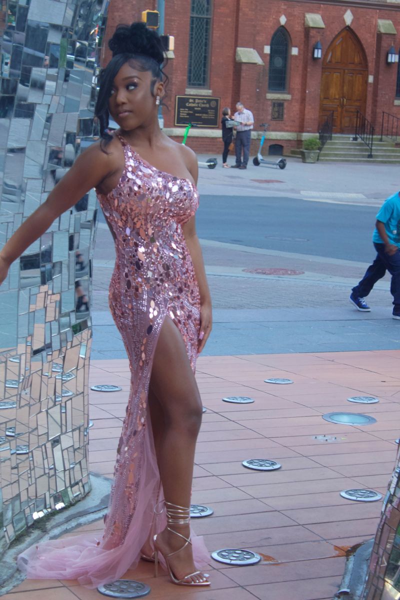 Shimmering Pink Mermaid One-shoulder Sequin High Slit Long Prom Dress Evening Dress cc4771