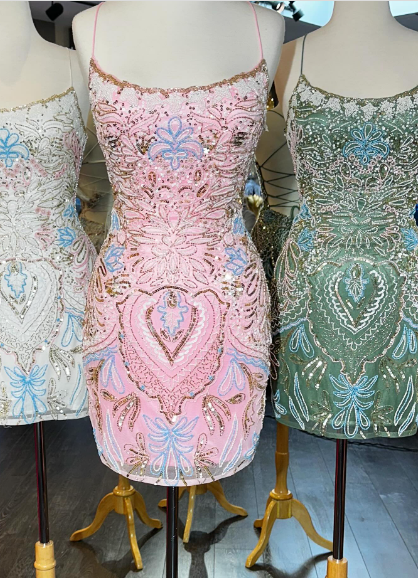 Gorgeous Pink Thin Strap Beaded Sequins Slim Birthday Dress Homecoming Dress cc4071