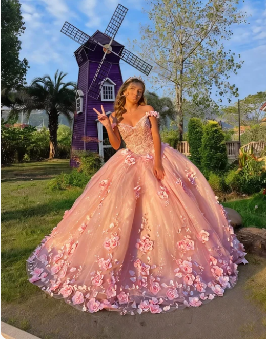 Dreamy Princess Pink Off-the-Shoulder 3D Floral Tulle Train Prom Dress Birthday Dress cc5518