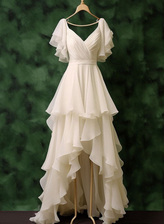 Elegant Ivory Irregular V-neck Ruffled Chiffon Front Short Back Long Prom Dress Evening Dress Bridesmaid Dress cc4772