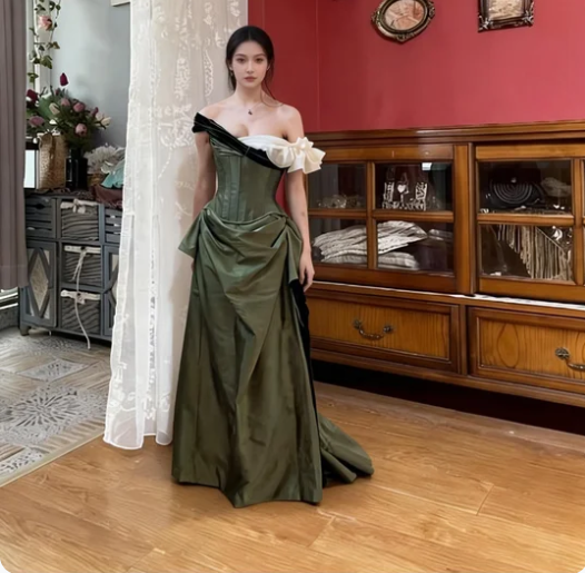 Elegant Vintage Green Off-the-Shoulder Mermaid Boned Corset Satin Prom Dress Evening Dress cc5525