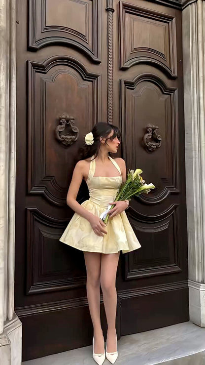 Sweet Light Yellow Halterneck Floral Jacquard A-line Birthday Dress Homecoming Dress cc4073