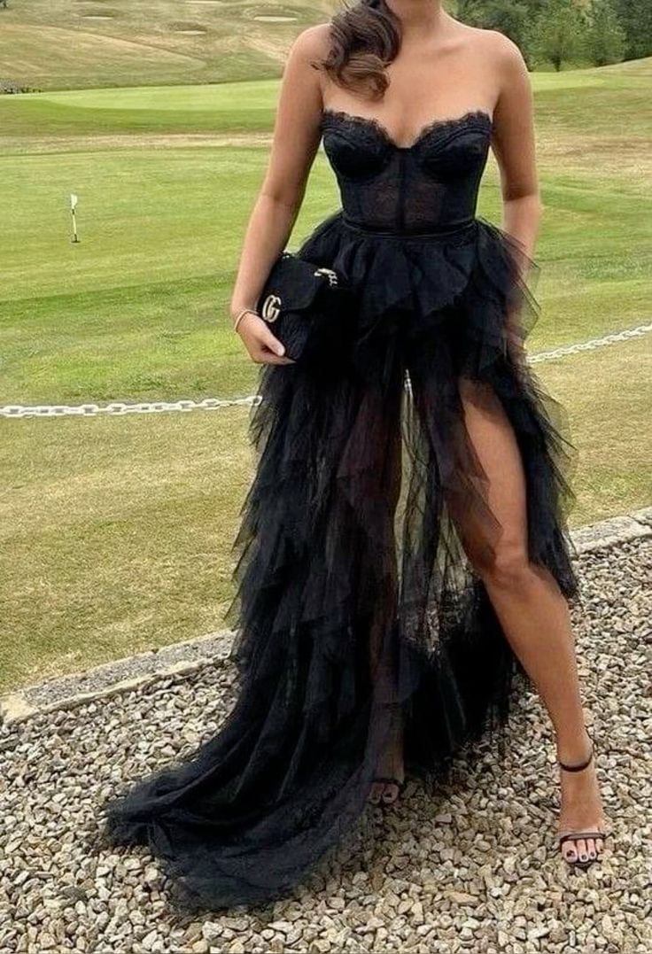 Elegant Black Irregular Strapless Tulle High Slit Long Prom Dress Evening Dress cc4773