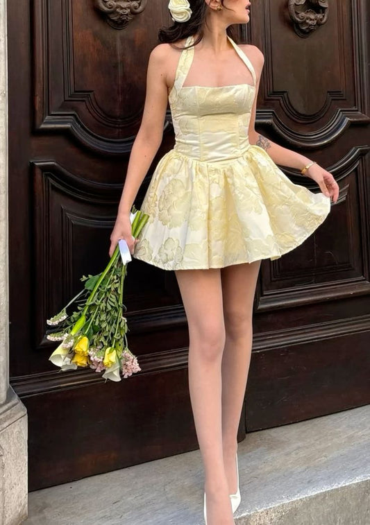 Sweet Light Yellow Halterneck Floral Jacquard A-line Birthday Dress Homecoming Dress cc4073