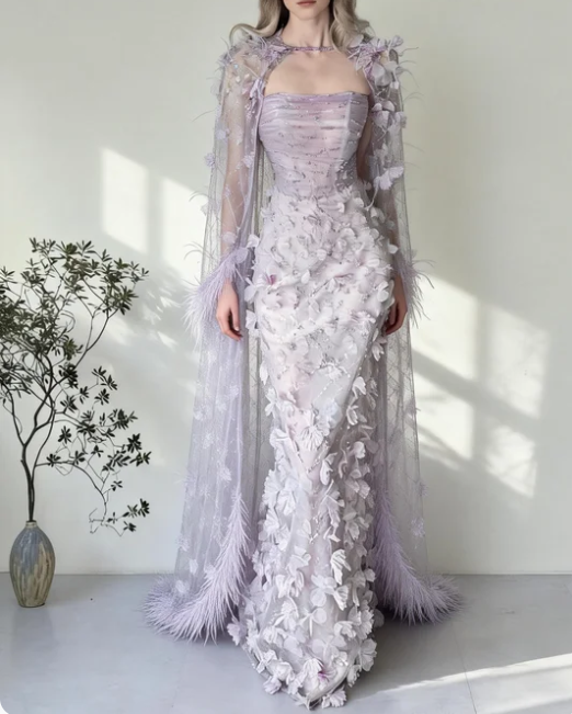 Dreamy Light Purple Strapless Mermaid 3D Petal Tulle Long Prom Dress Evening Dress cc5531