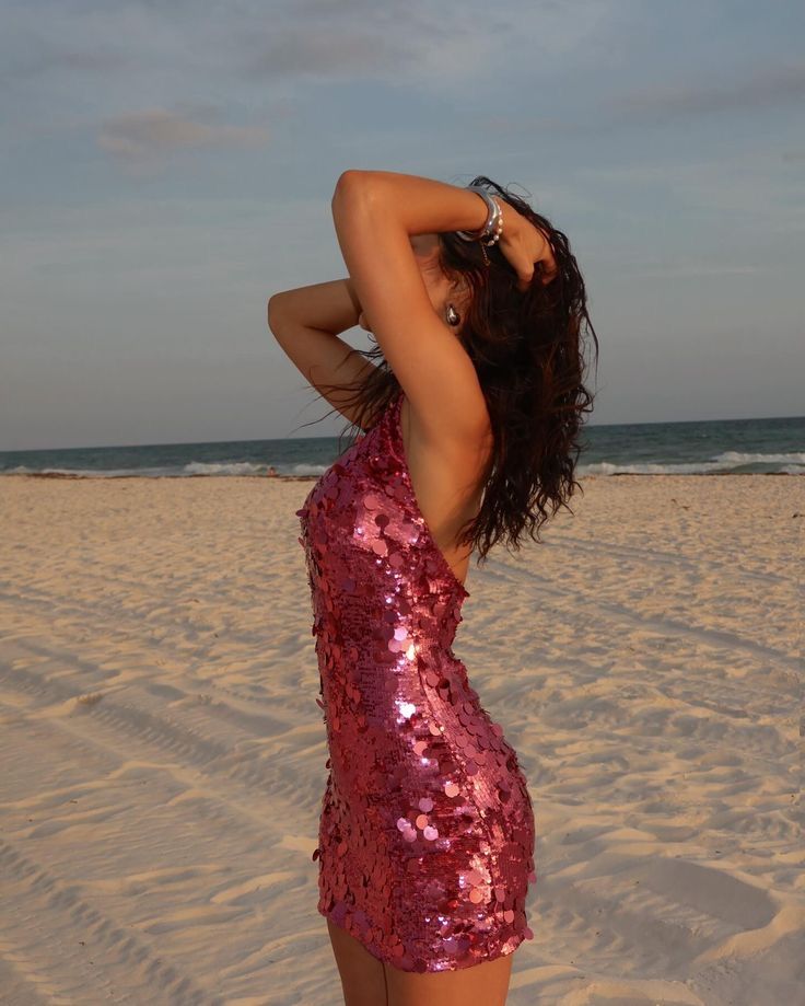 Shining Fashion Rose Pink Halter Neck Sequin Slim Birthday Dress Homecoming Dress cc4074