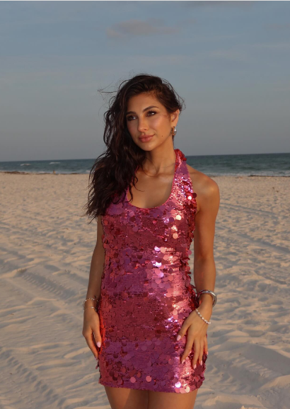 Shining Fashion Rose Pink Halter Neck Sequin Slim Birthday Dress Homecoming Dress cc4074