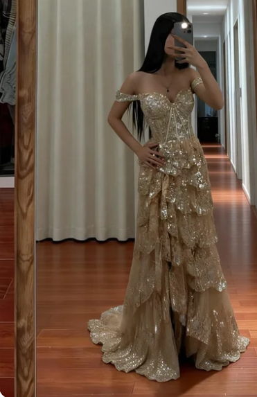 Gorgeous Champagne Gold Off-the-Shoulder A-Line Sequin Layered Tulle Train Prom Dress Evening Dress cc5541