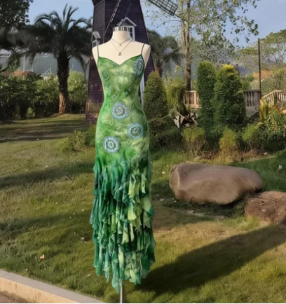 Stunning Gradient Green Print Spaghetti Strap Mermaid Ruffle Chiffon Prom Dress Evening Dress cc5543