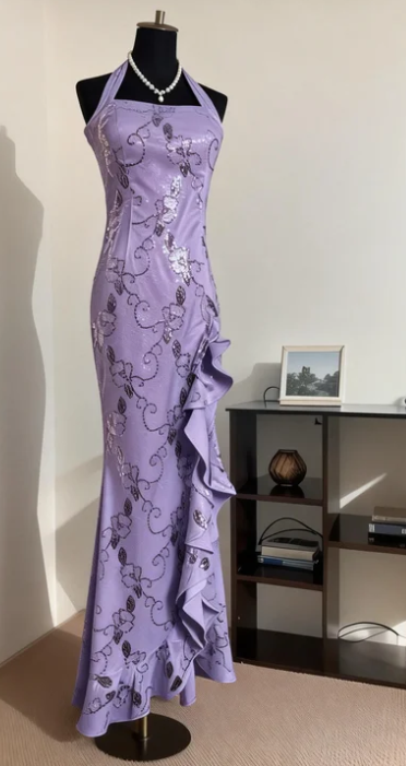 Vintage Elegant Lavender Halter Neck Mermaid Beaded Ruffle Satin Long Prom Dress Evening Dress cc5544