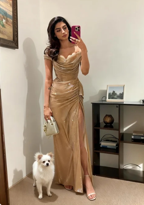 Elegant Champagne Gold Off-the-Shoulder Satin High Slit Long Prom Dress Evening Dress cc5545