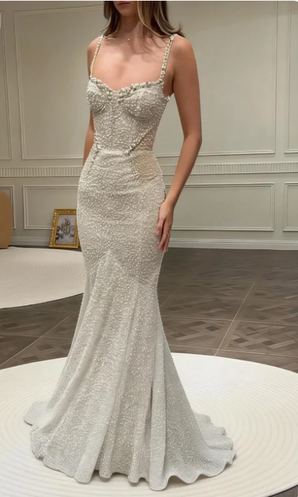 Gorgeous Ivory Spaghetti Strap Mermaid Pearl Tulle Long Prom Dress Evening Dress cc5546