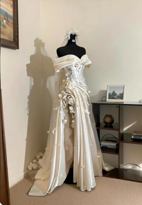 Elegant Ivory Off-the-Shoulder 3D Floral Satin Long Wedding Dress cc5547