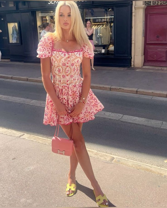 Sweet Light Pink Square Neck Puff Sleeves Printed A-line 17th Birthday Homecoming Dress cc4075