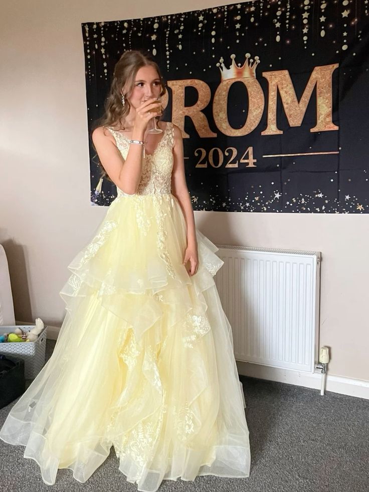 Sweet Pale Yellow A-line Multi-layer Cake Lace Tulle Long Prom Dress Evening Dress Bridesmaids Dress cc4776