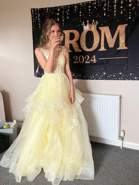 Sweet Pale Yellow A-line Multi-layer Cake Lace Tulle Long Prom Dress Evening Dress Bridesmaids Dress cc4776