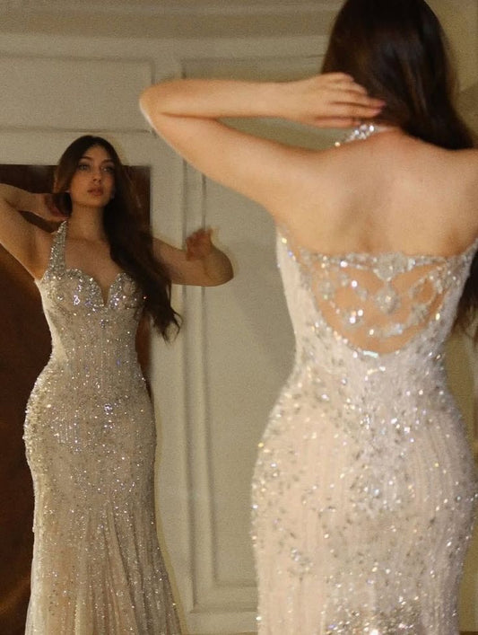 Gorgeous Beige Halter Neck Mermaid Beaded Sequin Tulle Long Prom Dress Evening Dress cc5567