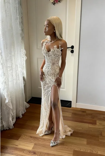 Luxurious Champagne Gold Beaded Sequin Mermaid Slit Tulle Long Prom Dress Evening Dress cc5570