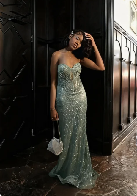 Sexy Mint Green Strapless Mermaid Sequin Long Prom Dress Evening Dress cc5572