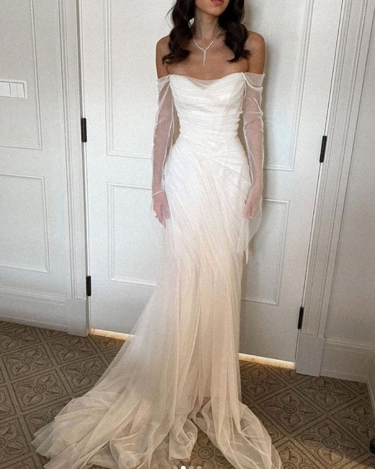 Elegant White Off-the-Shoulder Ruched Tulle Train Wedding Dress cc5573