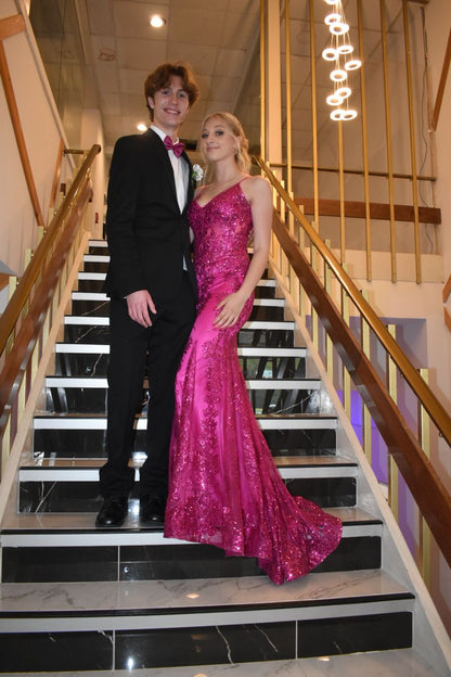 Shimmering Pink Mermaid Tail V-neck Strap Sequin Long Prom Dress Evening Dress cc4778