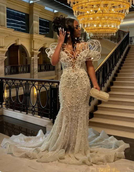 Luxurious Ivory Pearl Mermaid Tulle Train Prom Dress Evening Dress cc5585