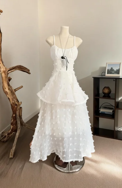 Sweet White A-Line Spaghetti Strap Tulle Long Prom Dress Birthday Dress cc5586