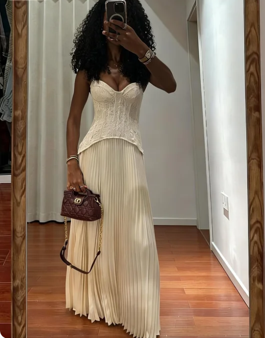 Vintage Ivory Strapless Lace Bodice Pleated Satin Long Prom Dress Evening Dress cc5593