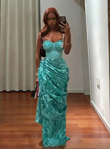 Vintage Lake Blue Strapless Beaded Jacquard Satin Long Prom Dress Evening Dress cc5594