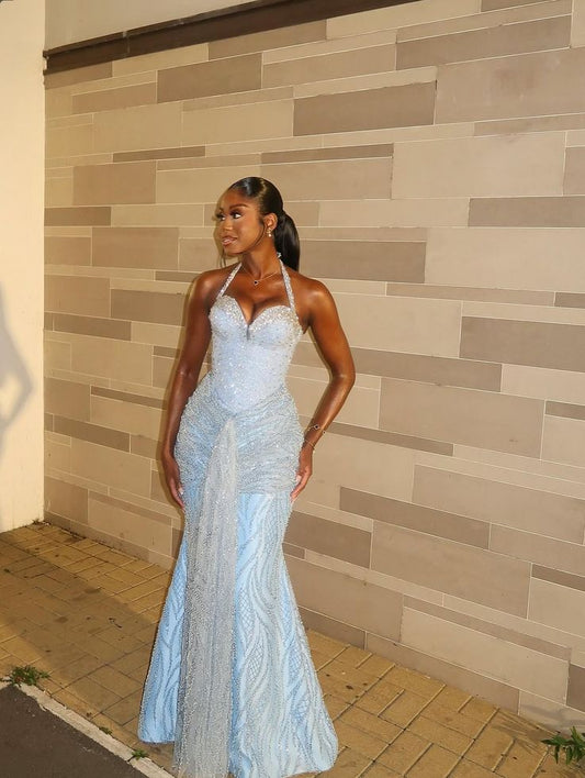 Luxurious Sparkling Light Blue Halter Mermaid Beaded Tulle Long Prom Dress Evening Dress cc5596