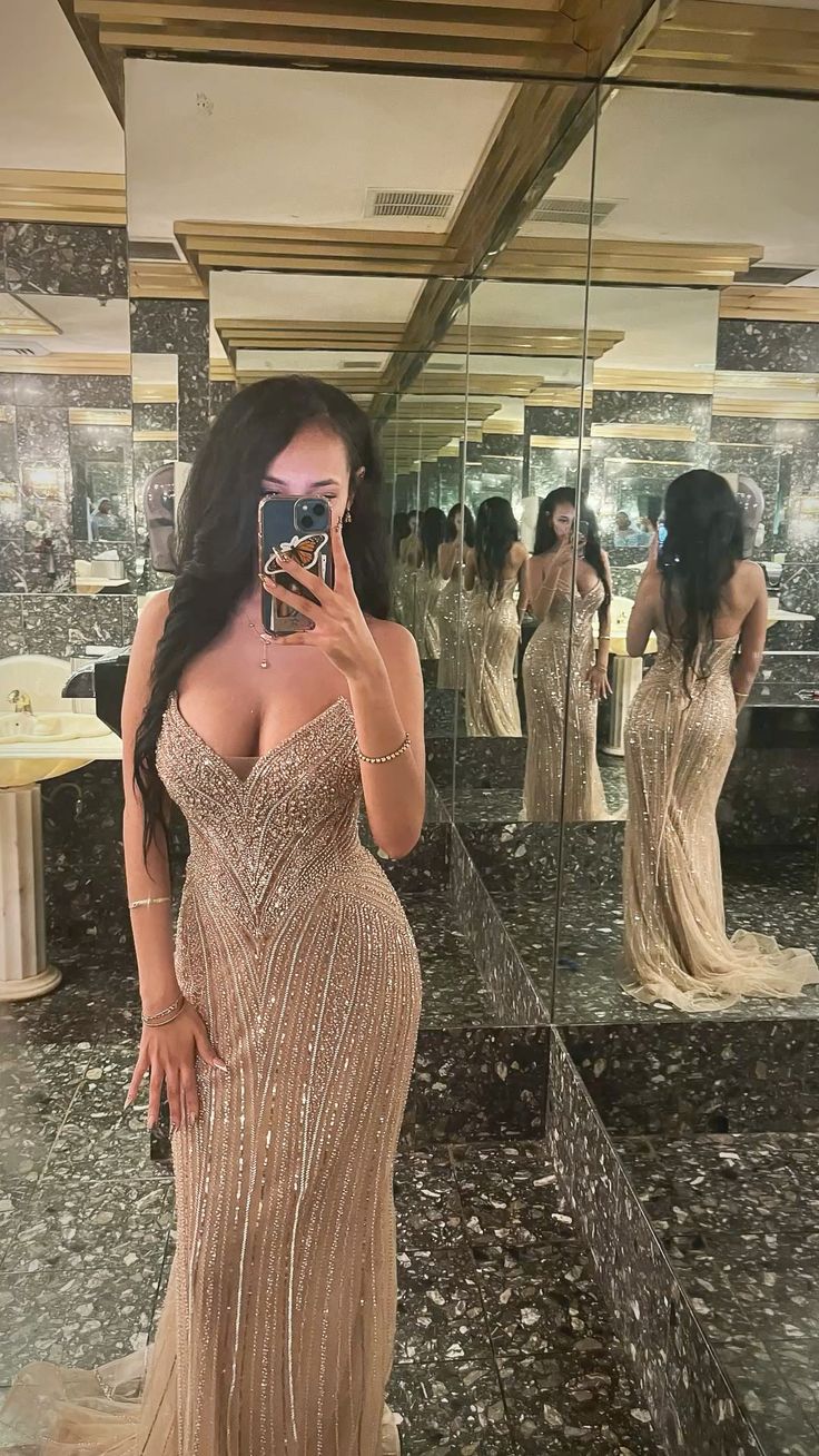 Luxurious Sparkling Champagne V-Neck Beaded Sequin Mermaid Tulle Train Prom Dress Evening Dress cc5597