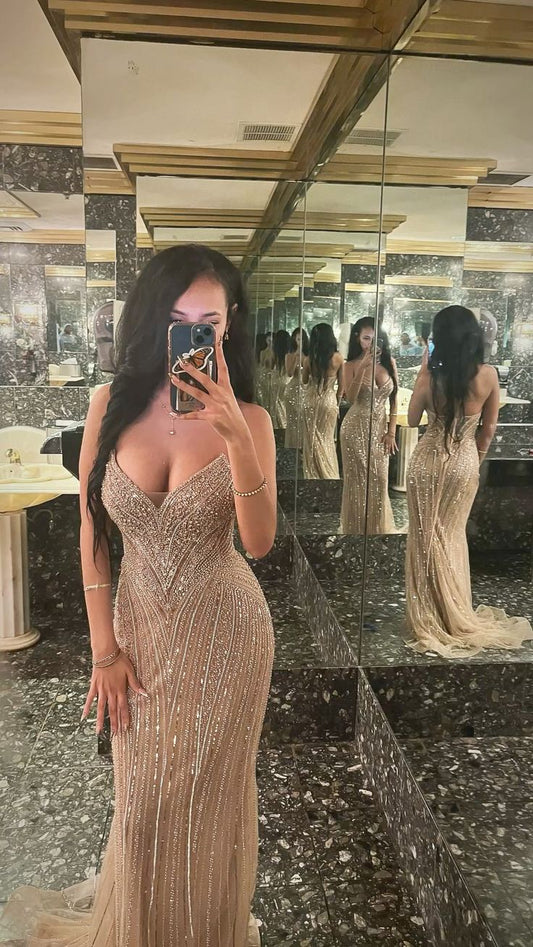 Luxurious Sparkling Champagne V-Neck Beaded Sequin Mermaid Tulle Train Prom Dress Evening Dress cc5597