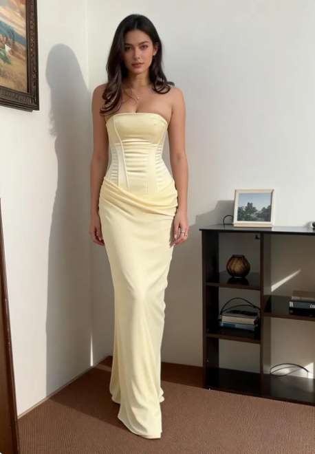 Simple Light Yellow Mermaid Boned Corset Satin Long Prom Dress Evening Dress cc5598