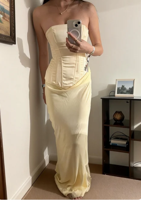 Simple Light Yellow Mermaid Boned Corset Satin Long Prom Dress Evening Dress cc5598