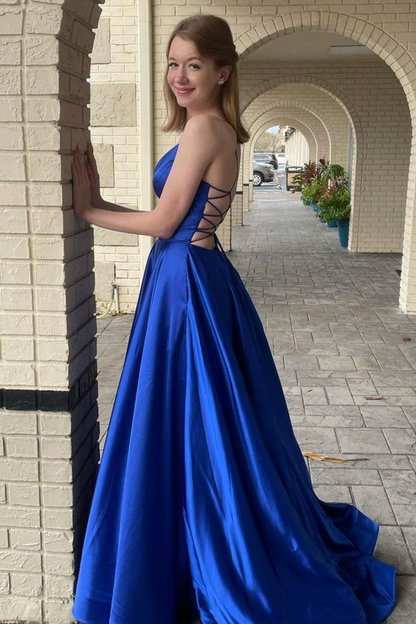 Blue Satin Long Prom Dresses, A-Line Backless Evening Dresses with Pockets cc1367