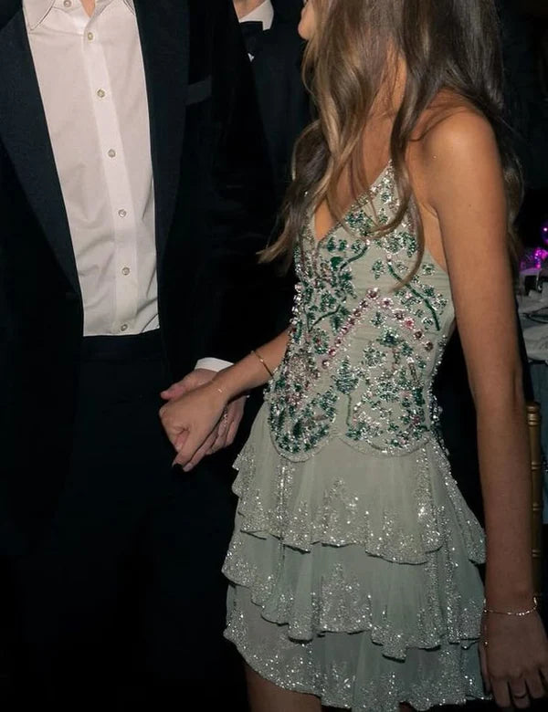 Vintage A line Spaghetti Straps Light Mint Green Chiffon Formal  Homecoming Dress cc4007