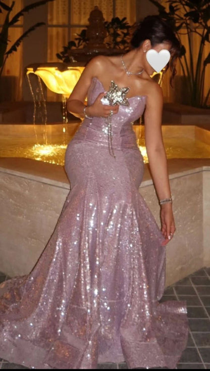 Sparkling Pink Strapless Mermaid Sequin Train Prom Dress cc5605